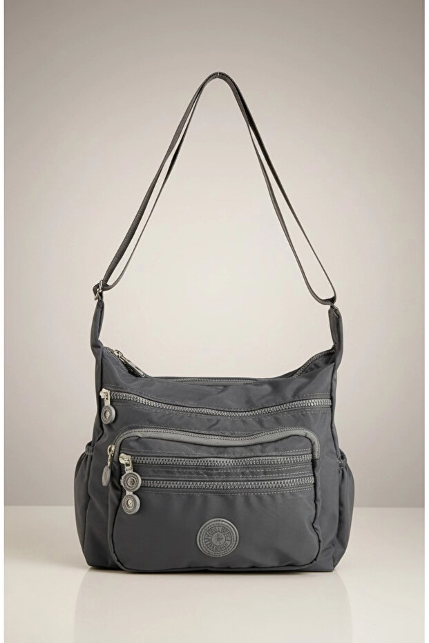 Women's Gray Waterproof Crinkle Fabric 6-Compartment Shoulder Bag
