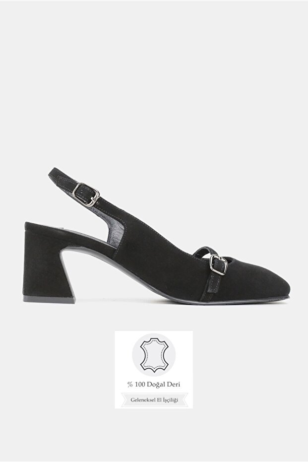 Women's Black Suede Genuine Natural Leather Thick Heel Shoes with Open Back, Size 35-41