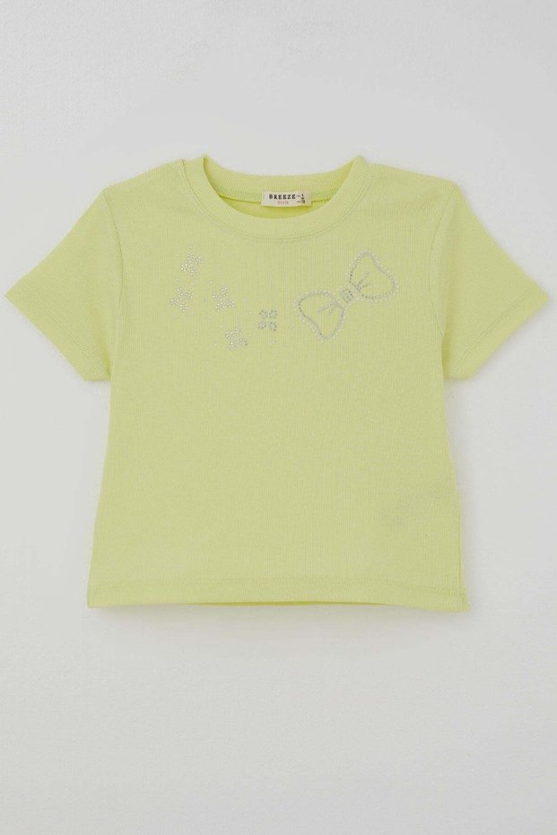 Girl's Crop T-Shirt with Stone Bow Print, Ages 7-12, Pistachio Green