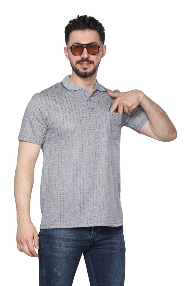 Light Gray Men's Dad and Middle-Aged Combed Cotton T-Shirt with Collar and Pocket, Jacquard Fabric, Classic Cut