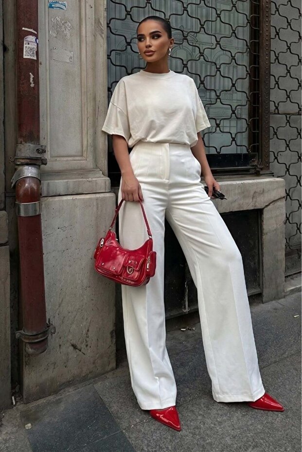 Cream Premium High Waist Pleated Trousers Mg2717