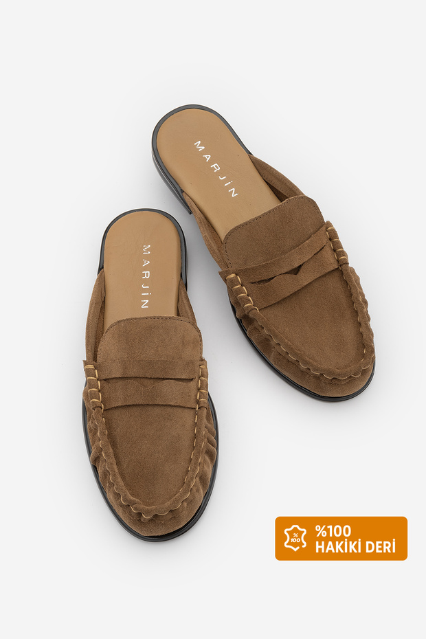 Women's Genuine Leather Closed-Front Stitched Drawstring Moccasin Loafer Daily Slippers Calista Camel Suede