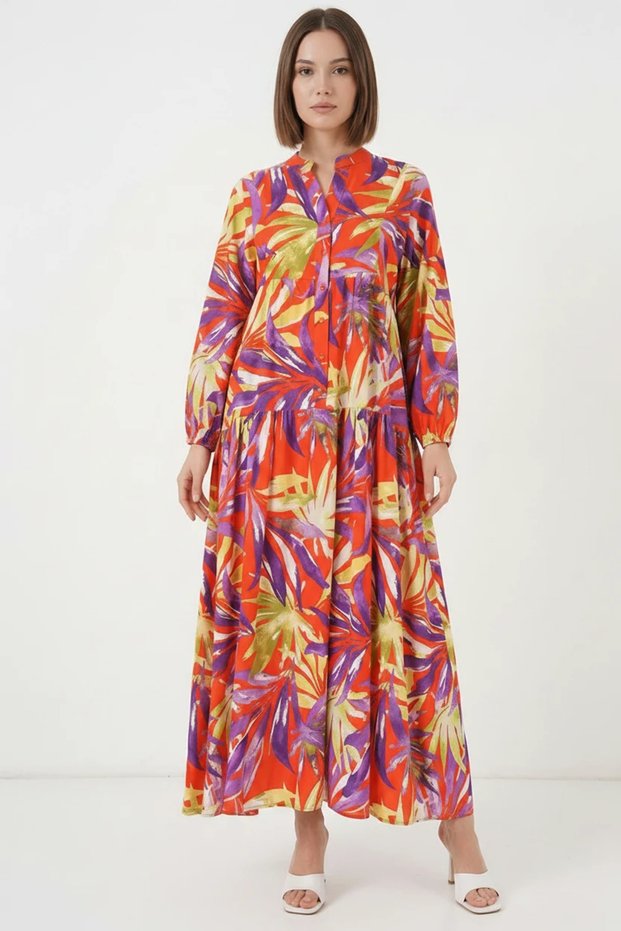 Women's Shirt Collar, Gathered Waist, Floral Patterned Viscose B.Lila Hijab Dress