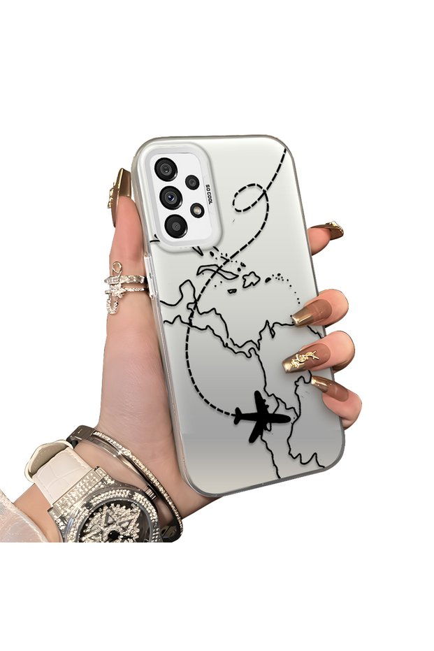 Samsung Galaxy A73 Compatible Travel-Themed Map Airplane Printed Impact-Resistant Hard Case