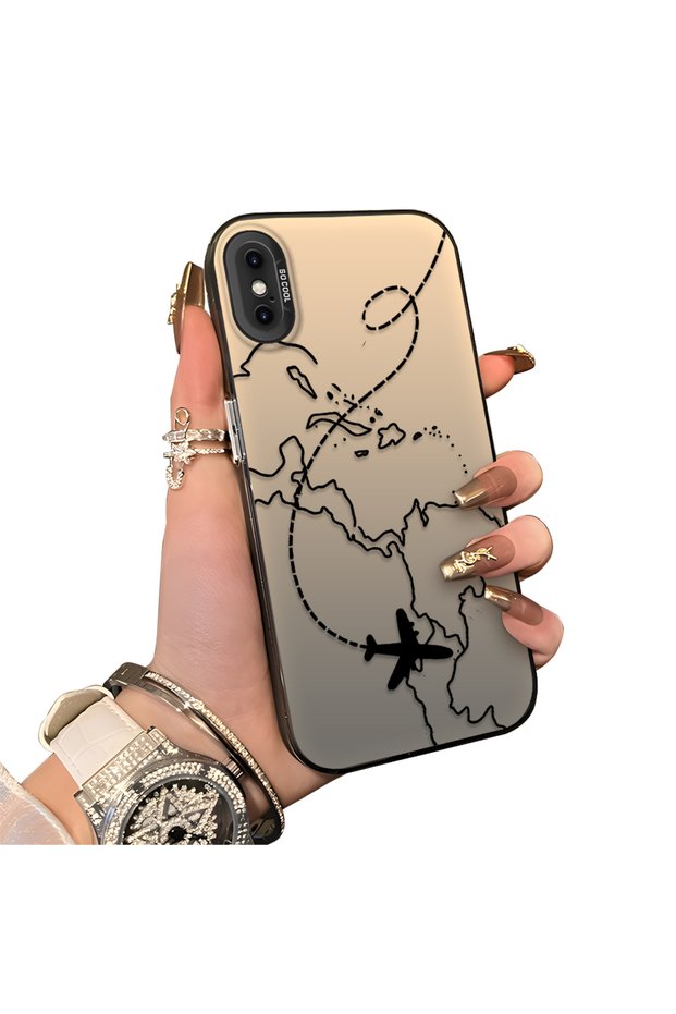 iPhone X/Xs Compatible Travel-Themed Map Airplane Printed Impact Protective Hard Case