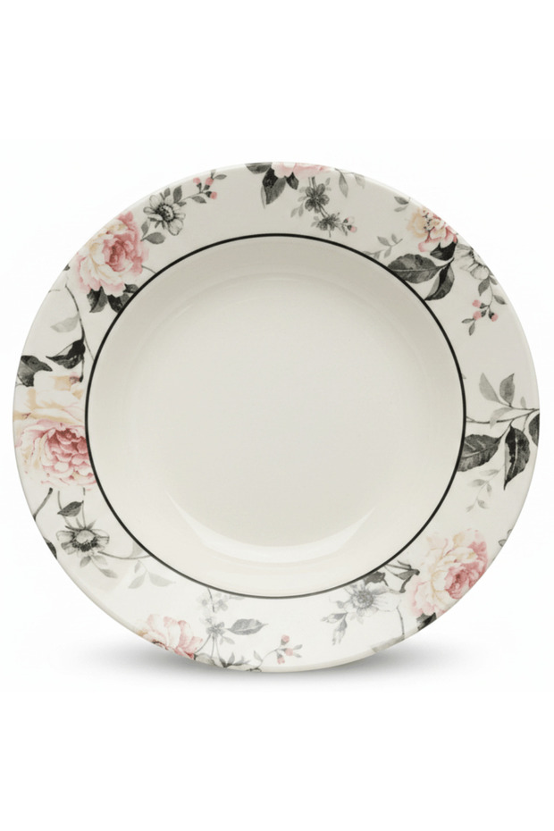 Off-White Round Ceramic Soup Plate with Floral Design - 9.2 Inch