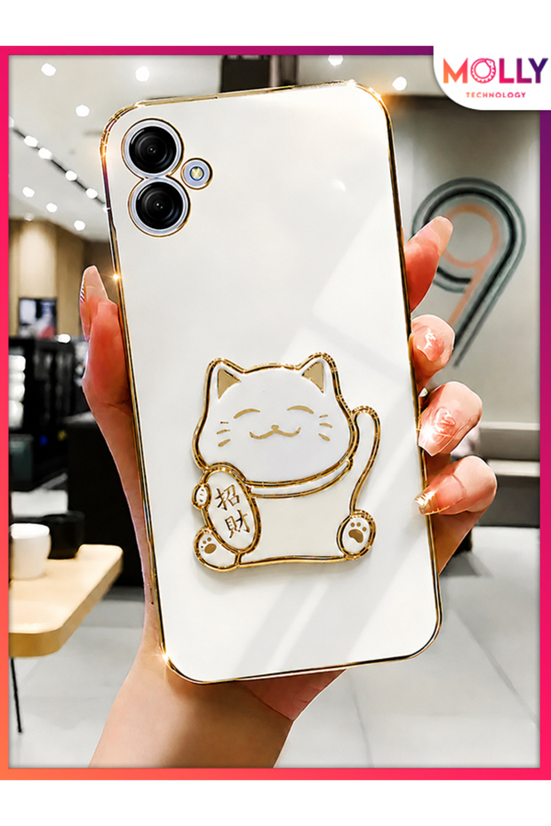 Luxury Silicone Case for Samsung Galaxy A04E with Pearl White Edges and Gold Detail Lucky Cat Stand