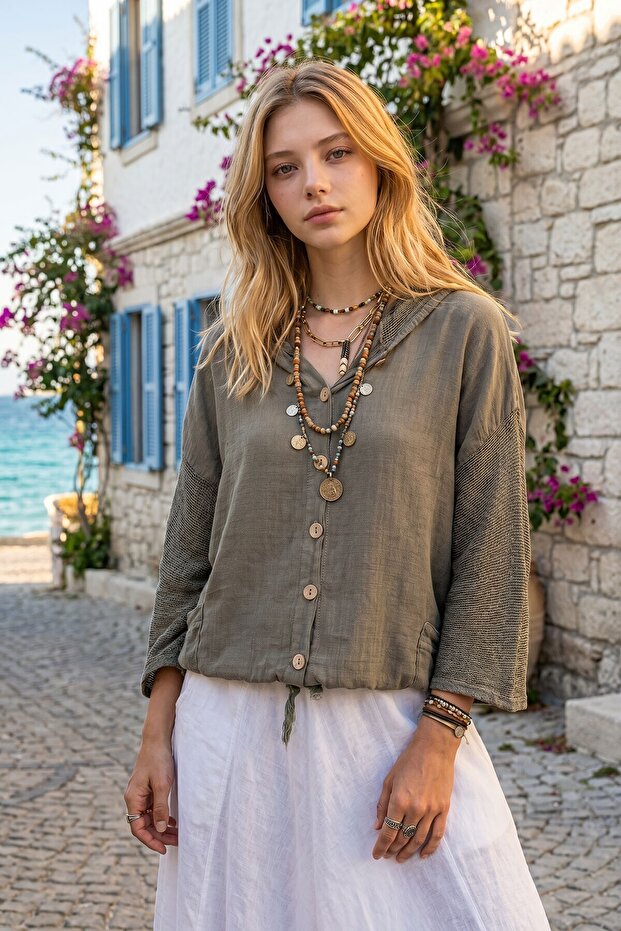 Alaçatı Linen Khaki Washed Linen Mesh Tied Hooded Blouse