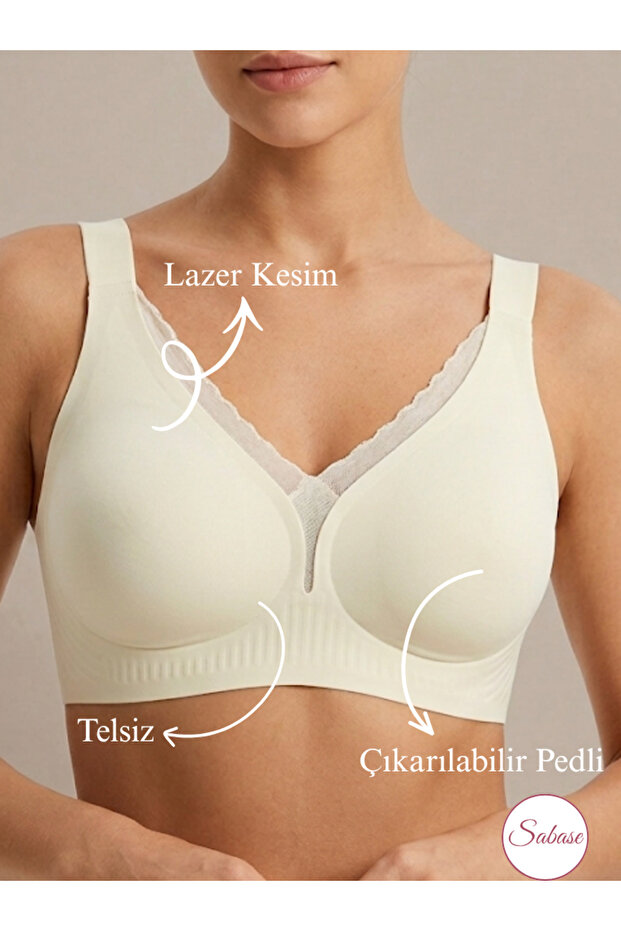 Women's Plus Size Seamless Tulle Detailed Laser Bra (Removable Padded Wire-Free Bra)