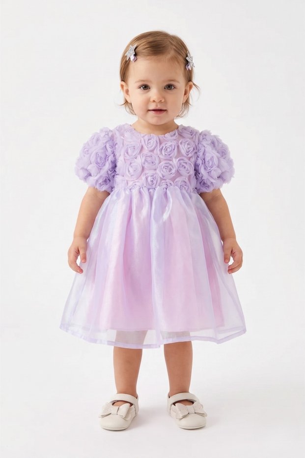 Baby Girl Dress with Lilac Rose Appliqué and Tulle Skirt - Fallon