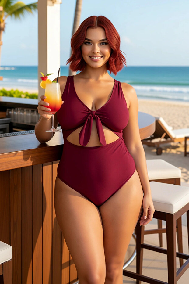 Women's Plus Size Swimsuit V-Neck Sleeveless Cut Out Tie-Up Covered Flat Pattern Knitted Fabric