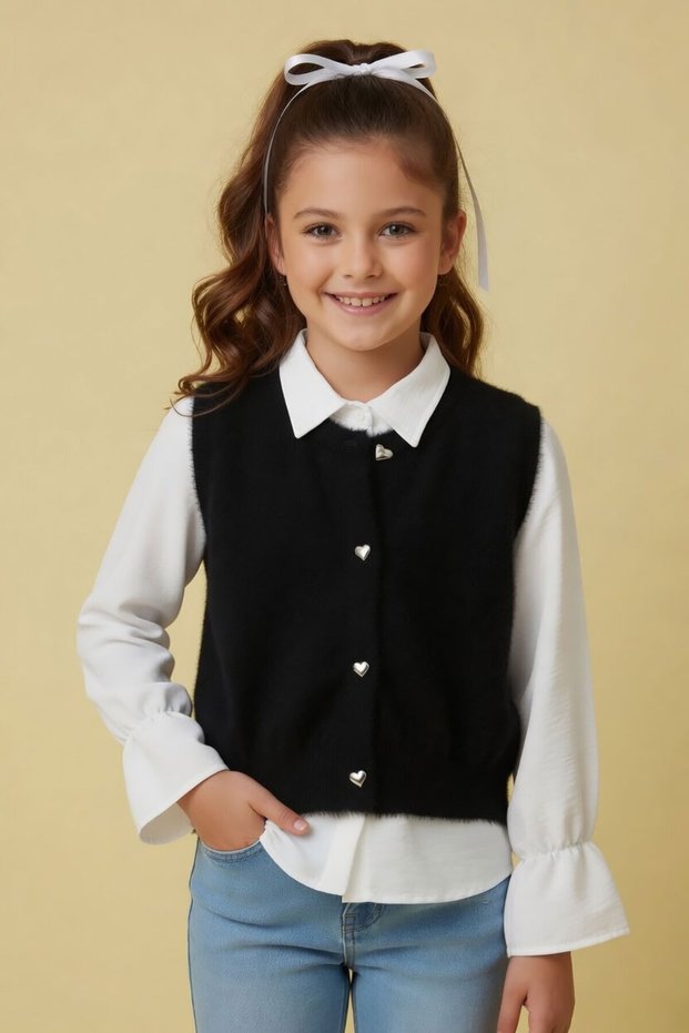 Black Knitwear Cardigan Long Sleeve Girls' Shirt 2-Piece Set 24144