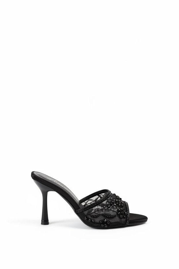 Dodi Black Lace Bead Embroidery Detailed Women's Heeled Slippers