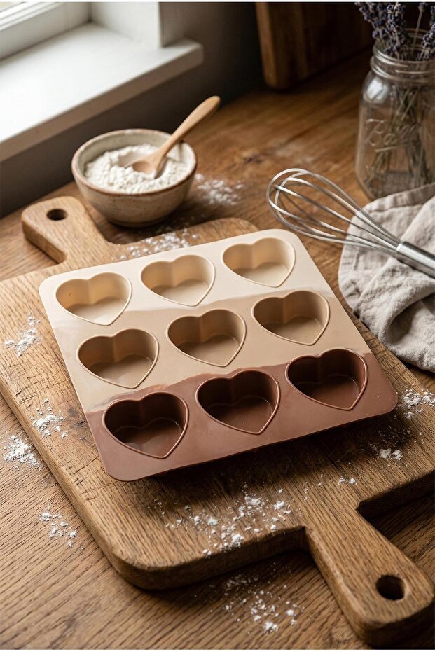 Silicone 25X25 cm 9-Compartment Heart Cake and Pastry Mold