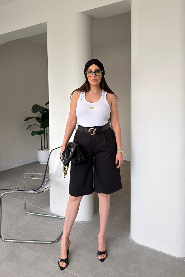Pleated City Boy Belted Fabric Shorts - Black