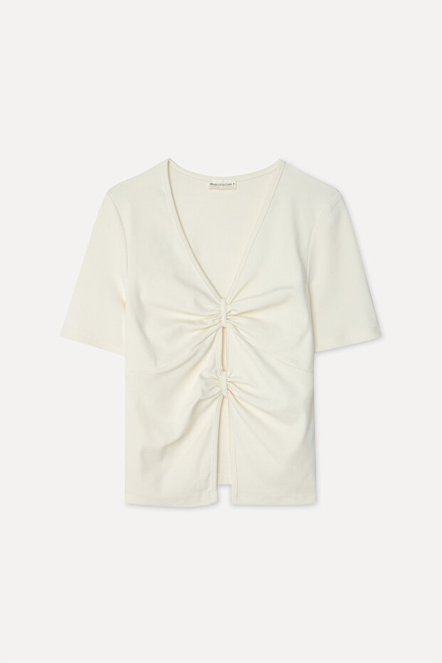 Women's Ecru Gathered Detailed Fitted Short Sleeve Blouse