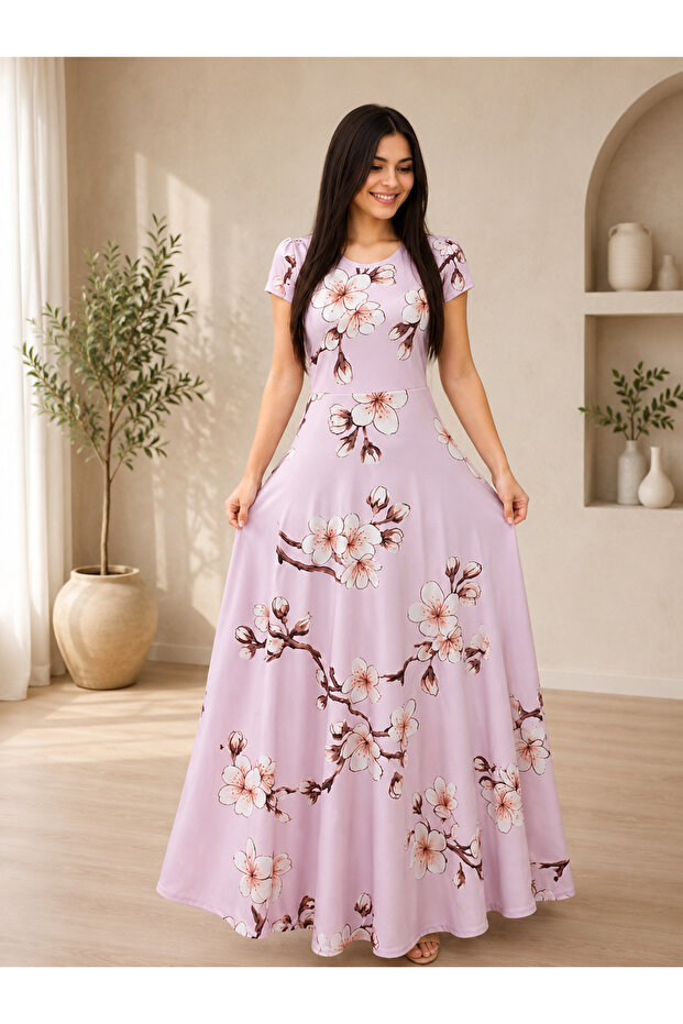 Women's Crew Neck Floral Pattern Relaxed Fit Long Dress