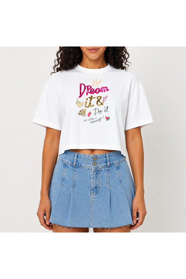 Crop T-Shirt White Dream Printed Relaxed Fit Raw Cut Basic Short Tshirt