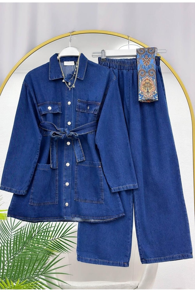 Women's Jeans Set with Bag Pockets and Waist Belt -0800 (Medium Blue)