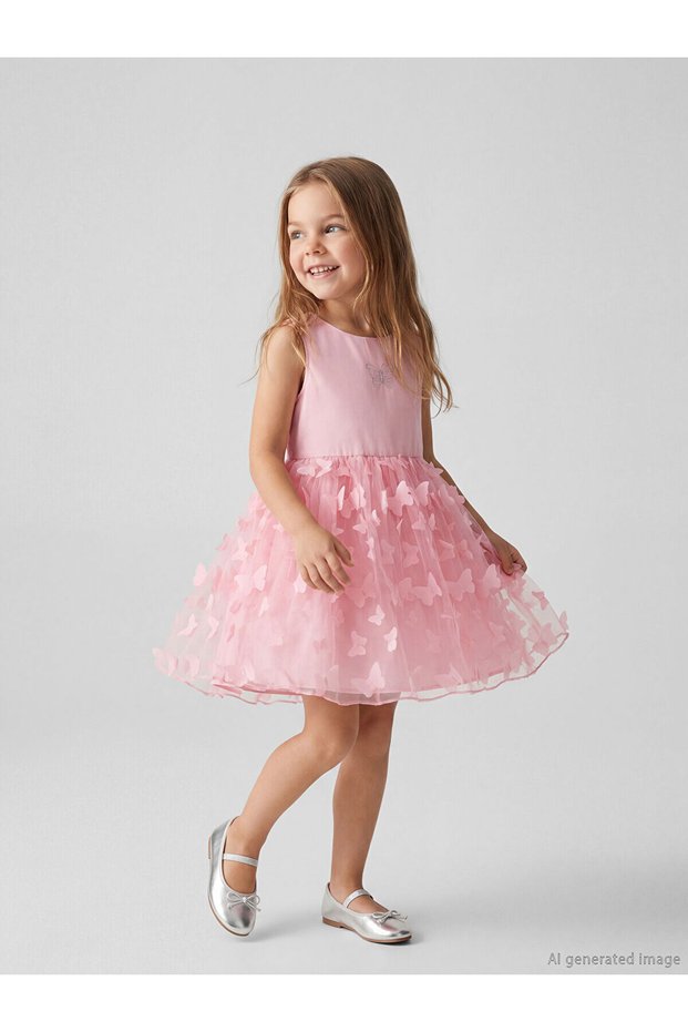 Original Oval Collar Tulle Detailed Girls' Dress