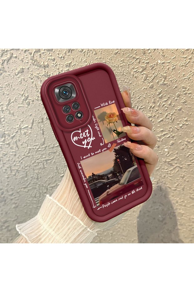 Redmi Note 11/Note 11S Compatible Maroon Frame Vintage Photo Collage Motif Flexible Silicone Case