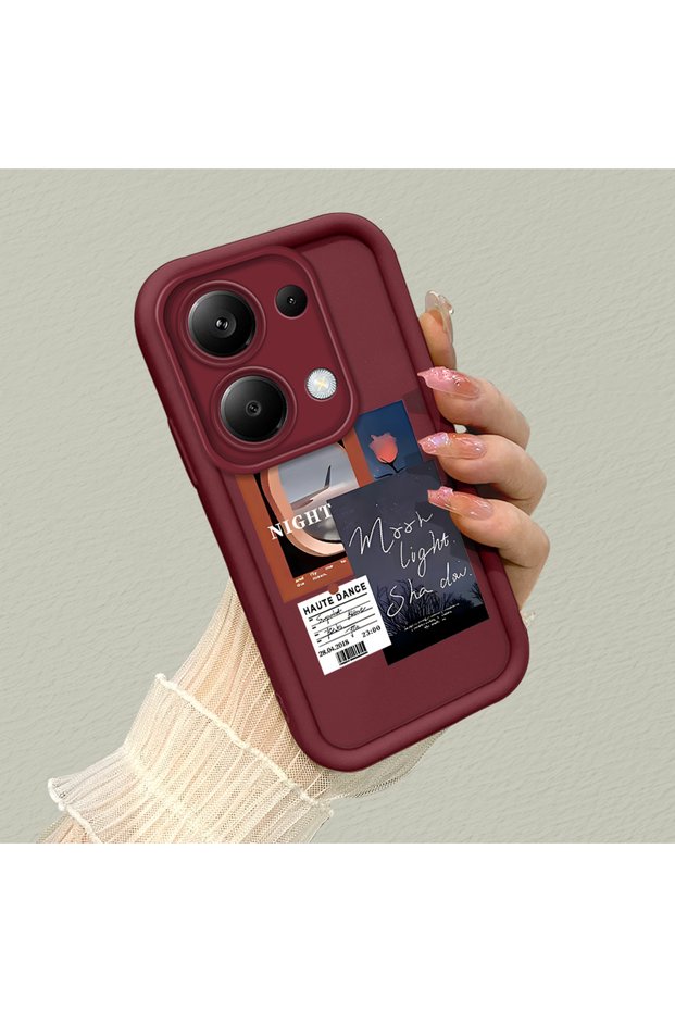 Redmi Note 14S Compatible Claret Red Frame Vintage Photo Collage Motif Flexible Silicone Case