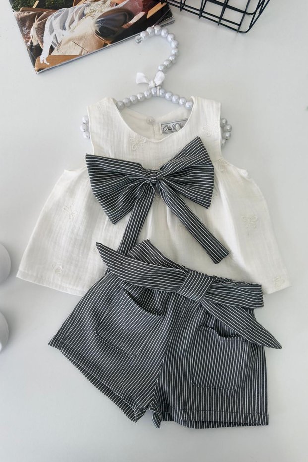 My Little One's Striped Bow Detailed Muslin Baby Girl Shorts Set - Ecru