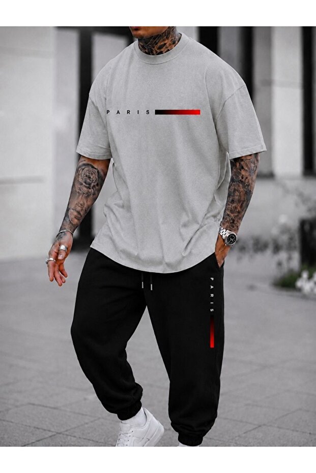 Unisex Wide-Let T-Shirt and Trackpants Paris Printed Set
