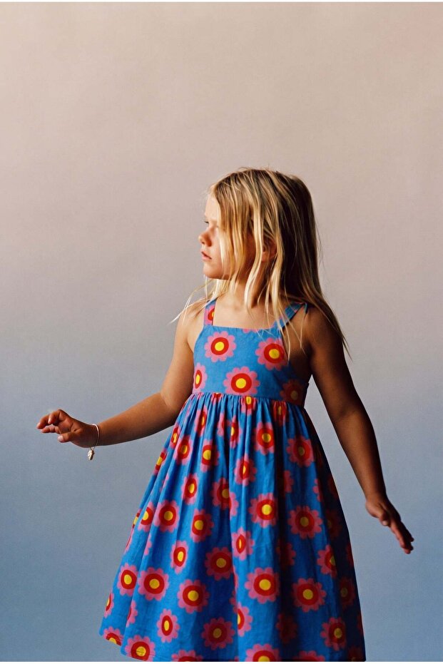 Girl's Cotton Blue Floral Patterned Strap Dress