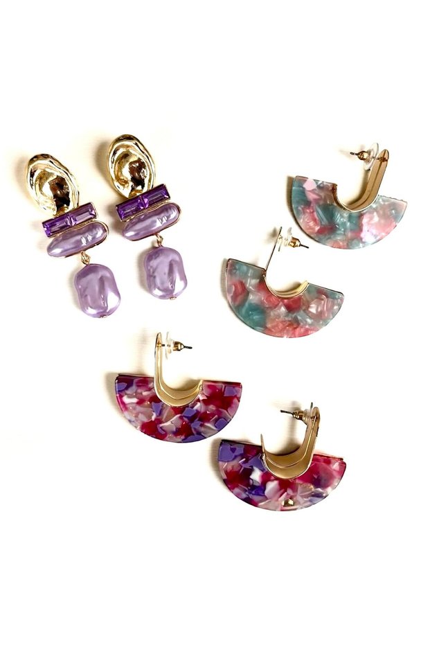 Fuchsia Pink Acrylic Earrings Gold Color Modern Dangle Earrings (Bottom One)