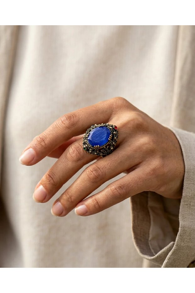 Bronze Vintage Women's Ring Authentic Copper Jewelry Blue Stone Zircon Inlaid Oval Sultans Adjustable