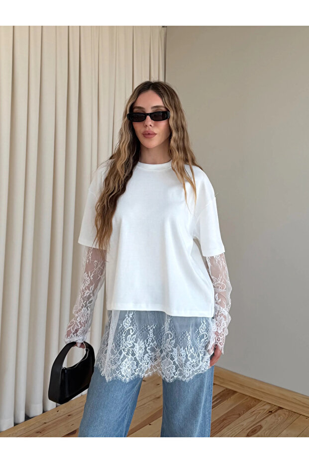 Light Ecru Skirt with Lace Sleeves Tshirt - 261031