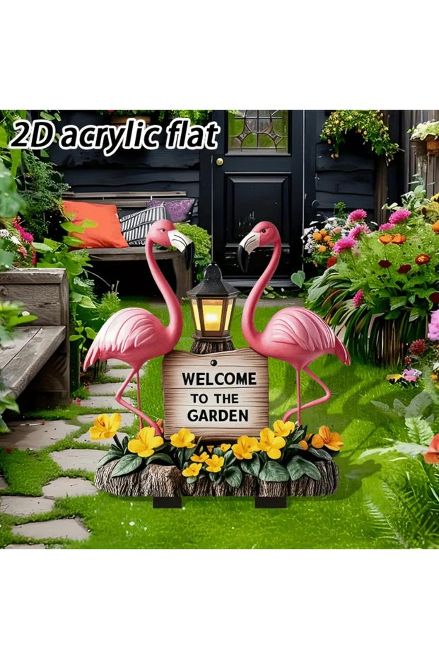 A Flamingo Welcome Plaque - Garden Decoration with Lanterns and Flowers, Gift for Easter and Mother.