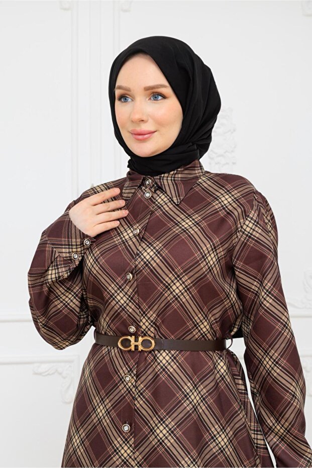 Seasonal Dress with Buttons, Plaid Pattern, and Belt Detail
