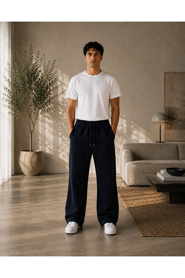 Men's Navy Blue High Waist Wide Leg Sweatpants with Side Pockets