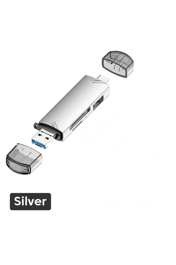 قارئ بطاقات USB 3.0 متعدد الوظائف 6 في 1 فضي اللون مع محول فلاش درايف من نوع C/مايكرو USB/TF/SD
