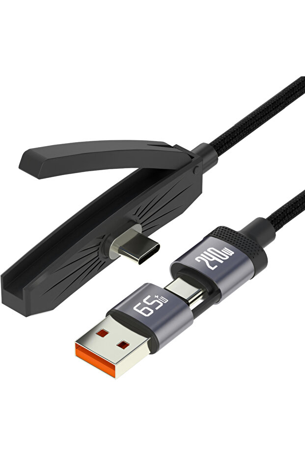 كابل USB/Type-C أسود 2 في 1 للشحن السريع ونقل البيانات مع حامل هاتف محمول وشاحن مزدوج