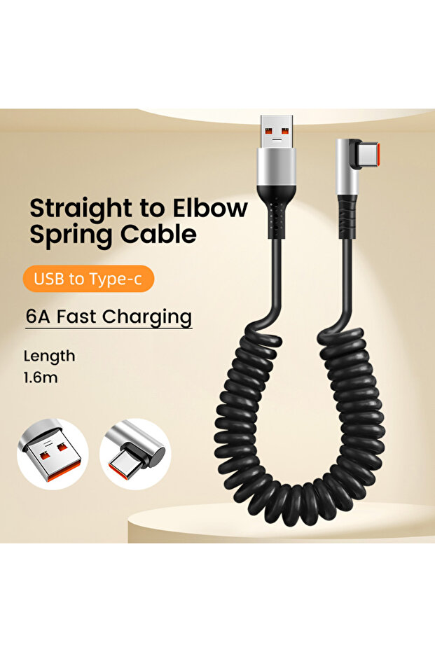 كابل بيانات USB مستقيم بطول 1.6 متر، 6 أمبير، قابل للسحب، بمنفذ USB C إلى Type C، للشحن السريع في السيارة