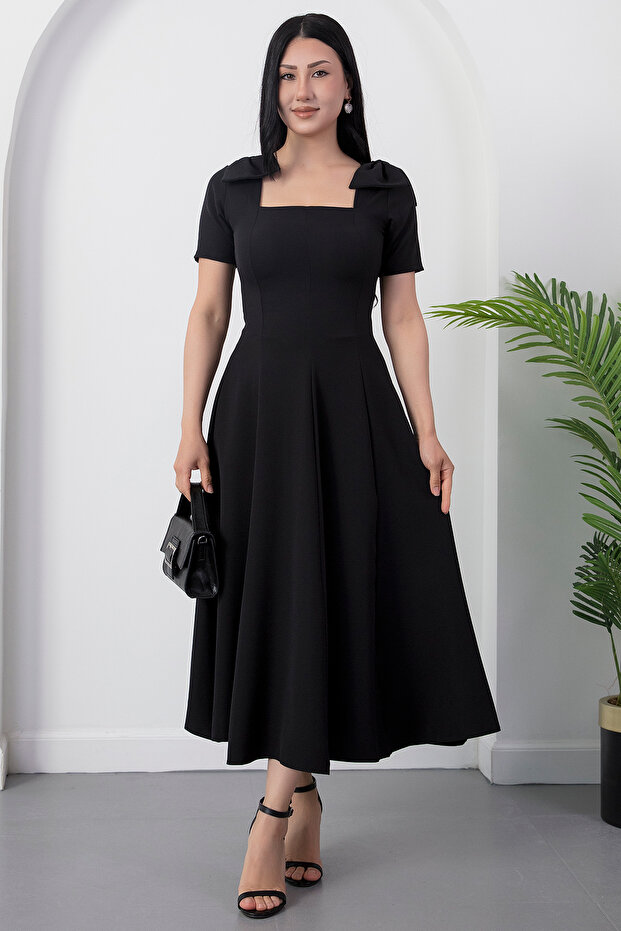 Square Neck Zipper Shoulder Bow Short Sleeve Dress 2026-4560