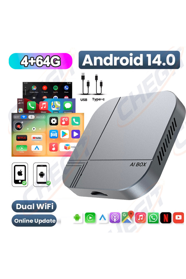 صندوق تلفزيون ذكي بنظام أندرويد 4G-64GB مع تطبيق، يدعم 4G+64G/2G+32G، لاسلكي، يدعم CarPlay و Android Auto، مناسب لـ YouTube
