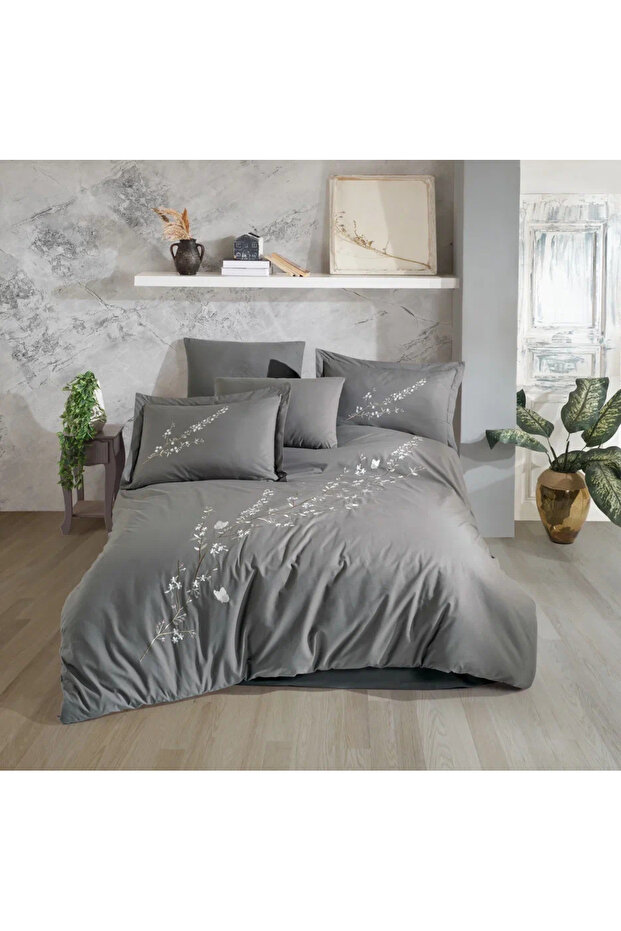 Double Poplin Premium Embroidered Duvet Cover Vera Gray