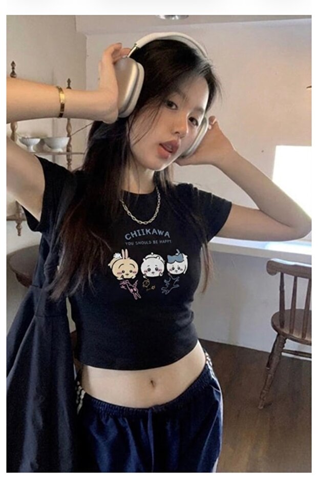 Chiikawa''You Should Be Happy'' Y2K Short Sleeve Crop Blouse