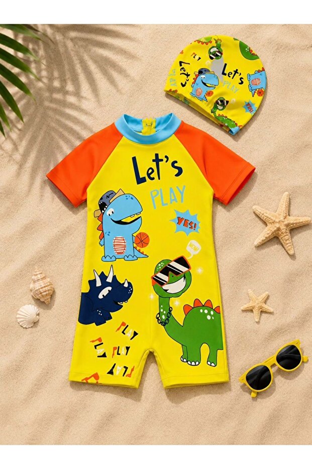 Boy's Surfer Dino Summer Swimsuit Set with Cap