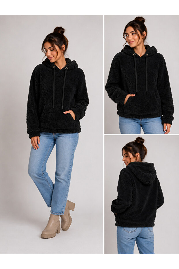Women's Fluffy Plush Cardigan with Pocket Details