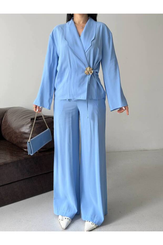 Thin Brooch Tie-Up Oversized Modal Jacket and Trousers Set