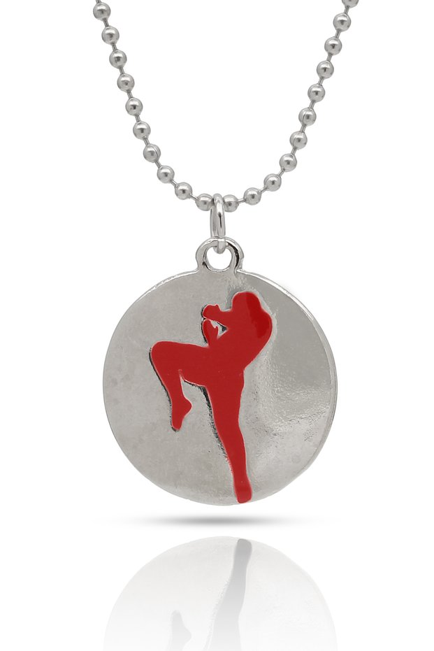 Muay Thai Fighter Necklace Fighter Silhouette Medallion Pendant - Red Color Silver Color with Ball Chain