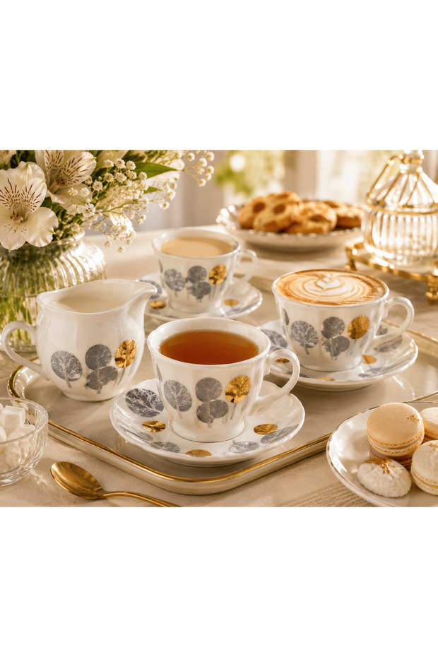 ✨ طقم فناجين شاي وحليب بورسلان أبيض فاخر – نقشة دوائر أنيقة | 12 قطعة (6 فناجين + 6 صحون) ☕🤍