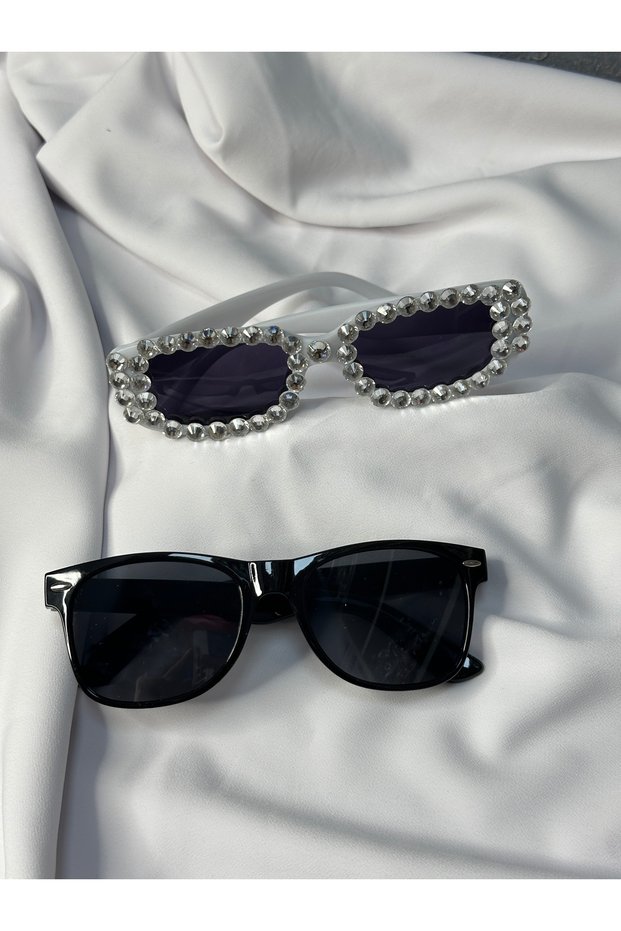 Stone-Embellished Bridal Wedding Glasses and Black Men's Glasses Set of 2