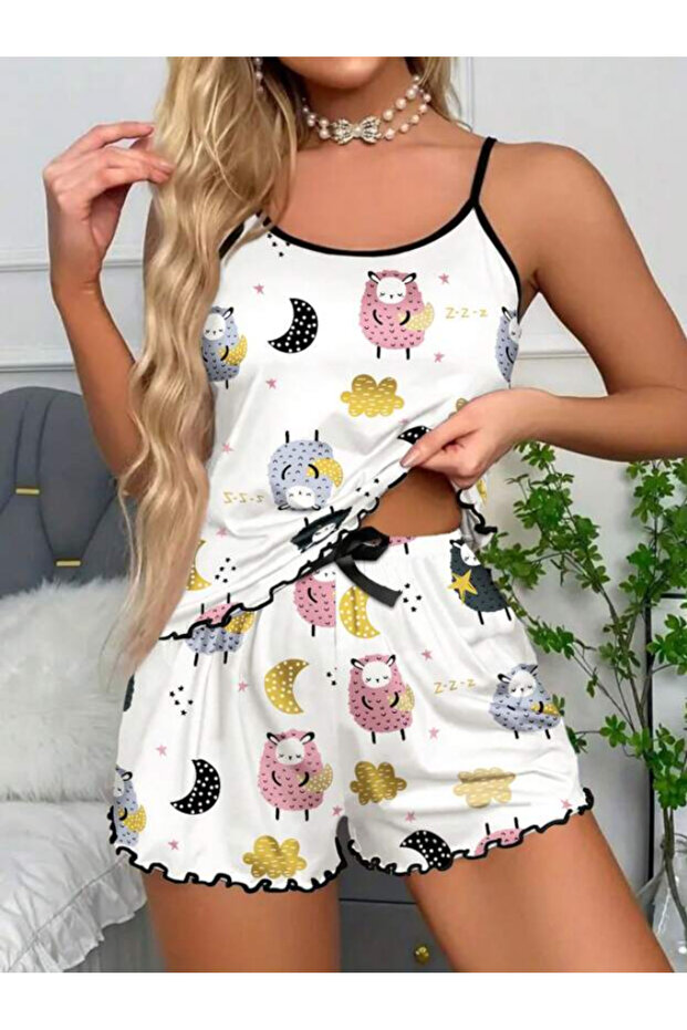 White Color Patterned Women's Shorts Pajama Set