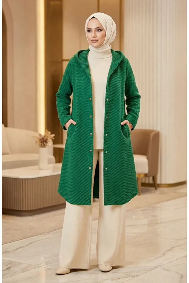 Hooded Buttoned Cashmere Cap 0201-01 Green